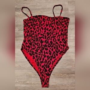 Boohoo Size 10 Red and Black Leopard Print Bodycon Catsuit